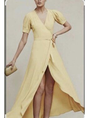 Reformation Winslow Yellow Wrap Maxi Dress Women's S V-Neck Puff Sleeve Crepe